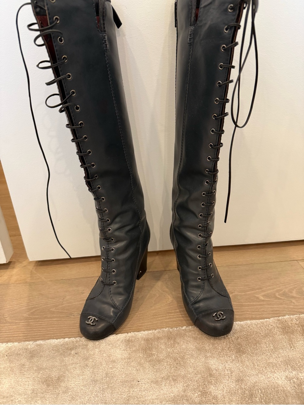 CHANEL Black Leather Over-the-Knee Lace-Up Boots - Picture 1 of 6